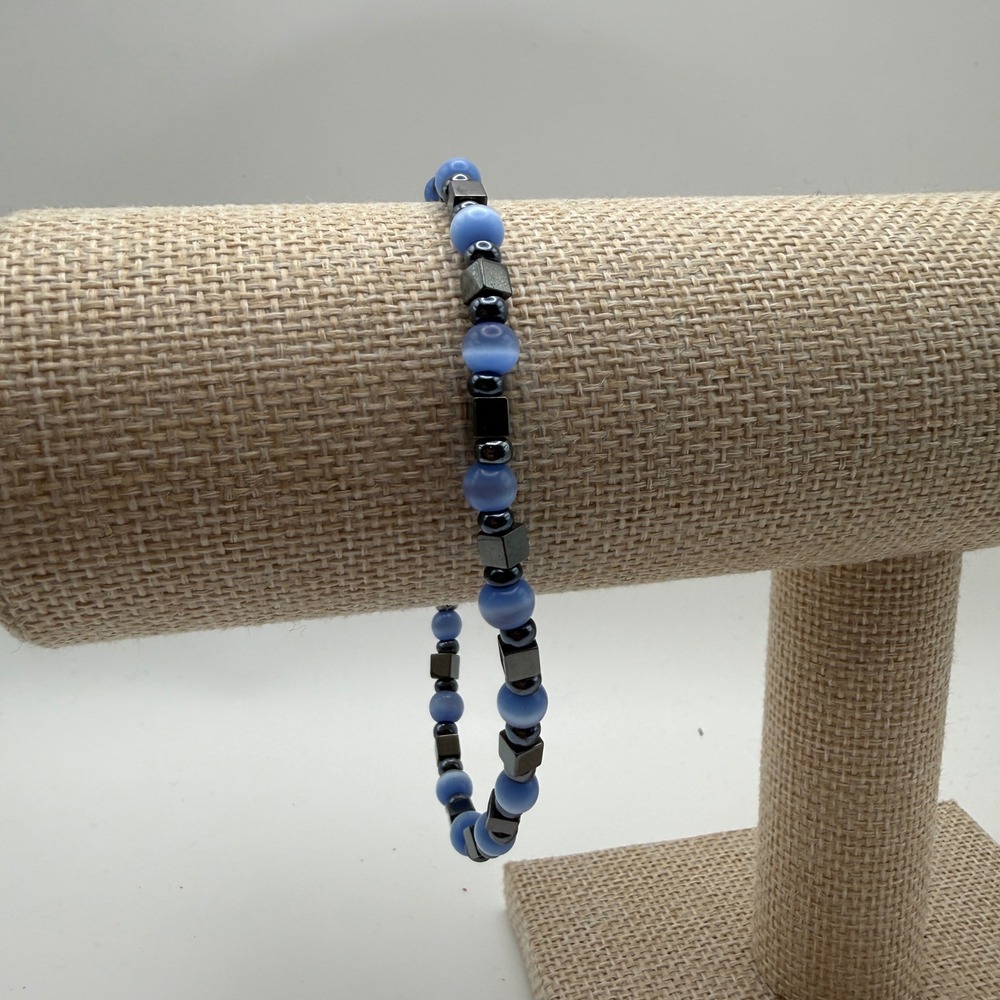 Hematite Blue Cats Eye Boho Beaded Dainty Screw Clasp Bracelet OS Blue